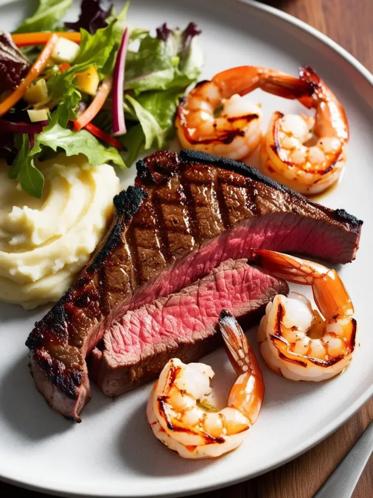 A plate of surf and turf, featuring a juicy steak sliced and served alongside grilled shrimp. Mashed potatoes and a vibrant side salad complete the meal. The dish looks delicious and satisfying, with a perfect balance of protein and vegetables.