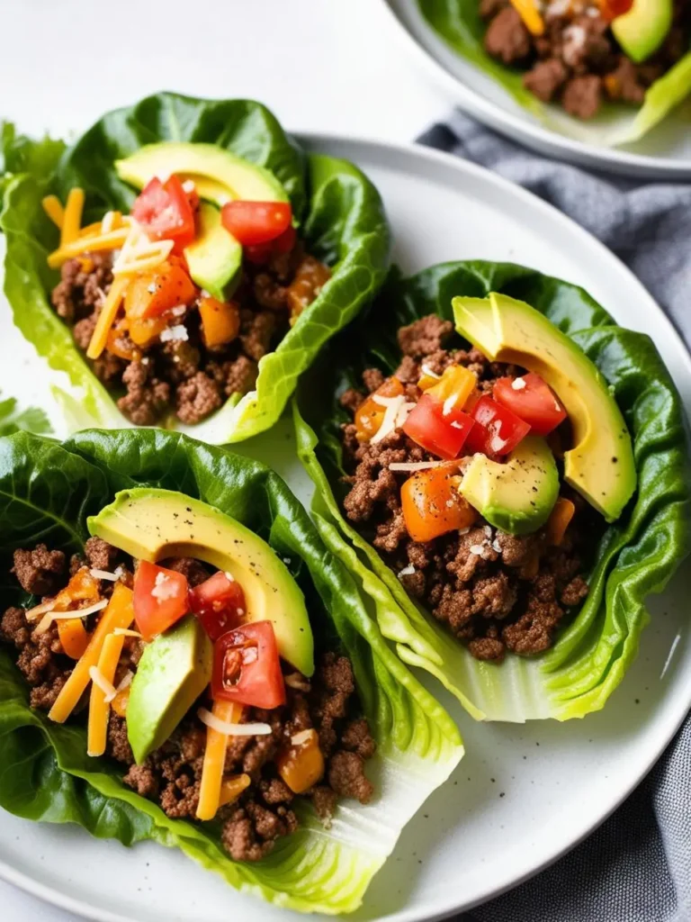 Three lettuce wraps filled with seasoned ground beef, shredded cheese, diced tomatoes, and avocado slices. The wraps look fresh, healthy, and delicious.