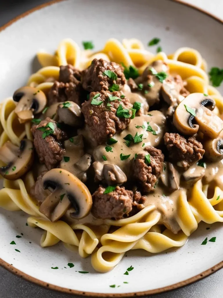 A plate of creamy beef stroganoff served over egg noodles. The dish is rich with tender beef, sliced mushrooms, and a creamy sauce. Fresh parsley is sprinkled on top, adding a touch of color and freshness. The stroganoff looks incredibly flavorful and comforting.