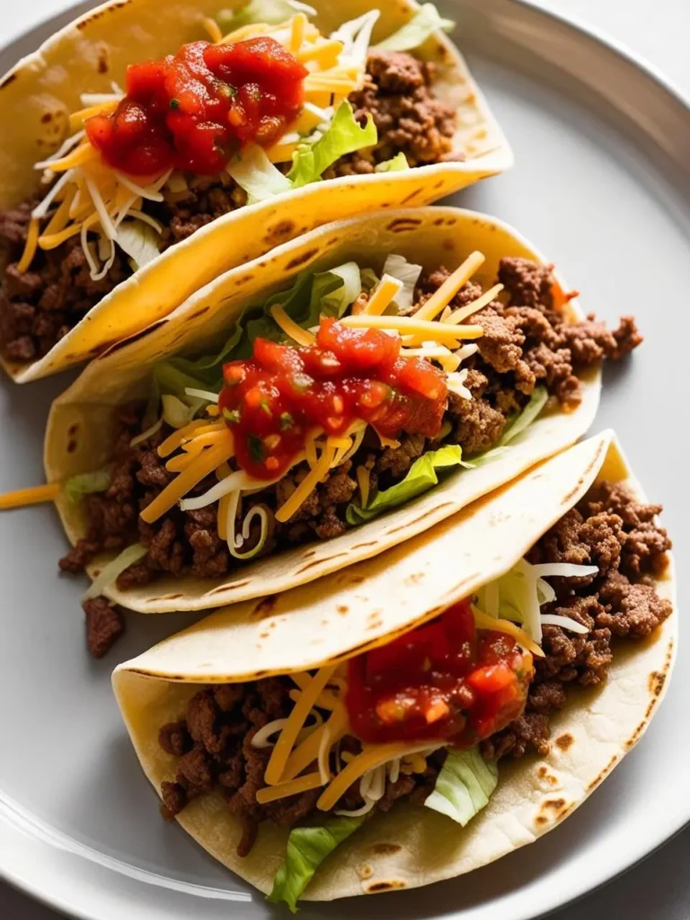 Three ground beef tacos are arranged on a plate. Each taco is filled with seasoned ground beef, shredded cheese, lettuce, and topped with a dollop of salsa. The tacos look delicious and ready to be enjoyed.