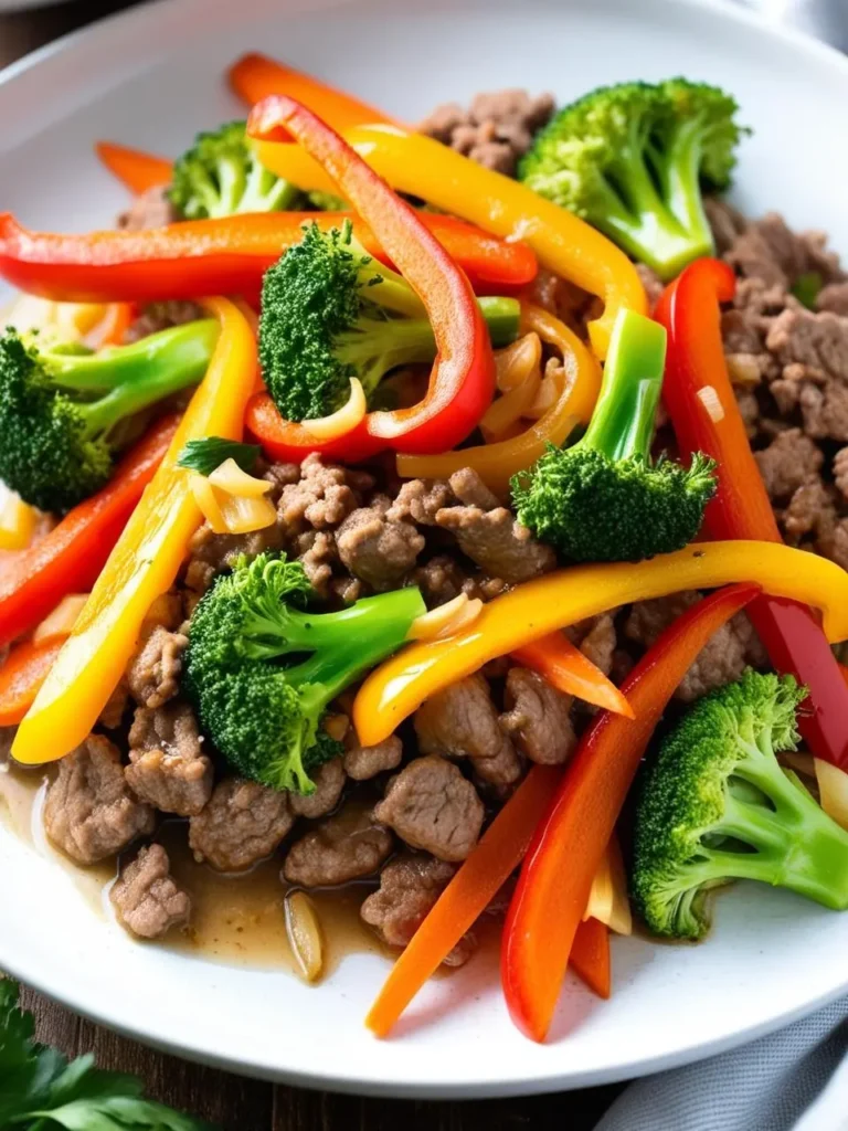 A plate of colorful stir-fry with ground beef, broccoli florets, sliced bell peppers, and onions. The dish looks flavorful and packed with vegetables.