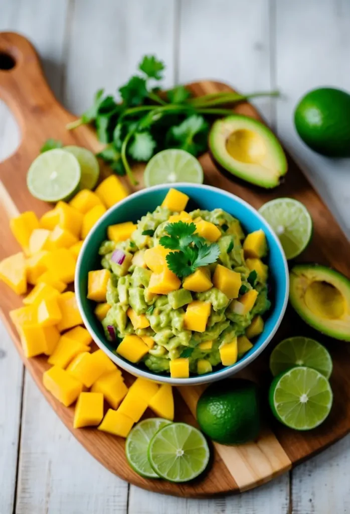 A vibrant bowl of mango avocado salsa sits in the center of a wooden cutting board. The board is surrounded by fresh ingredients like diced mangoes, limes, avocados, and cilantro, ready for making more salsa.