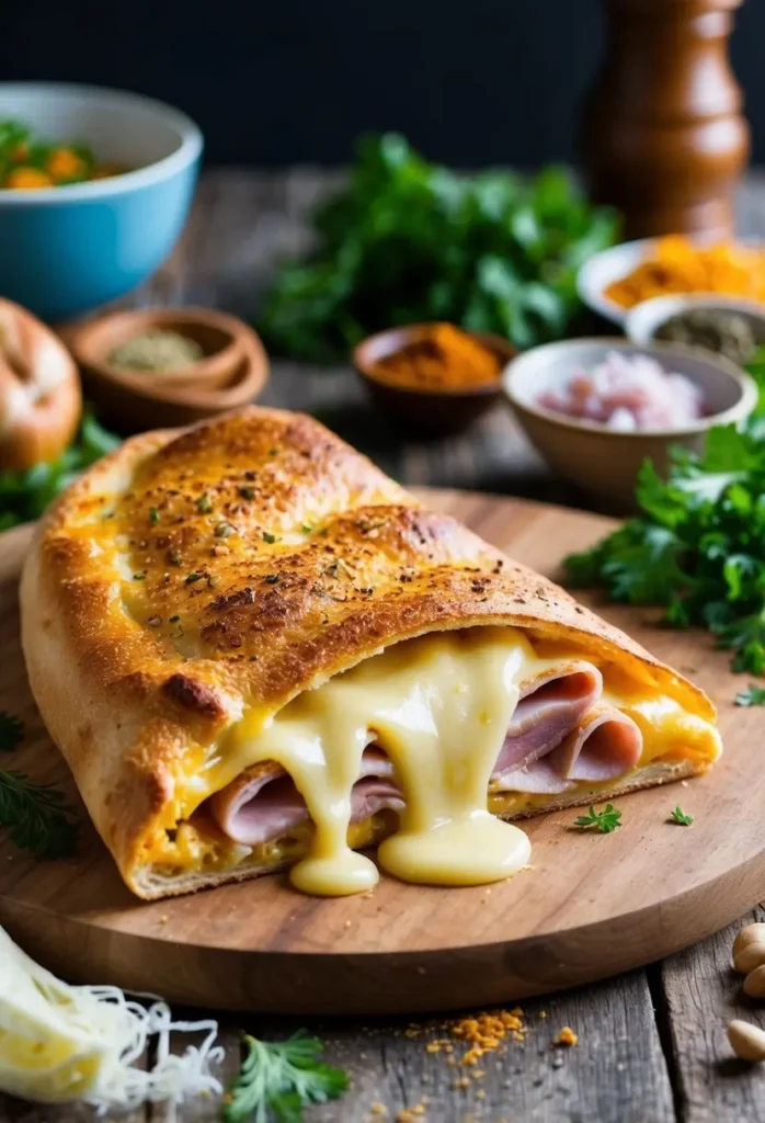 A golden-brown calzone overflowing with melted cheese and ham. It's sliced open, revealing the gooey filling. The calzone sits on a wooden board surrounded by various ingredients and spices.