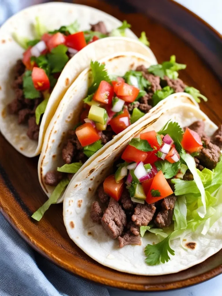 Three soft tacos filled with seasoned ground beef, topped with fresh pico de gallo, lettuce, and avocado. The tacos look delicious and ready to be enjoyed.