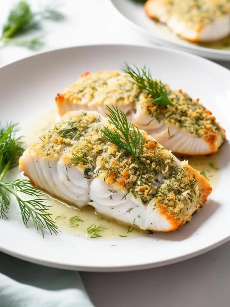 Two perfectly cooked white fish fillets are nestled on a plate. They are topped with a fragrant herb crust and garnished with fresh dill sprigs. The fish looks light, flaky, and incredibly appetizing.