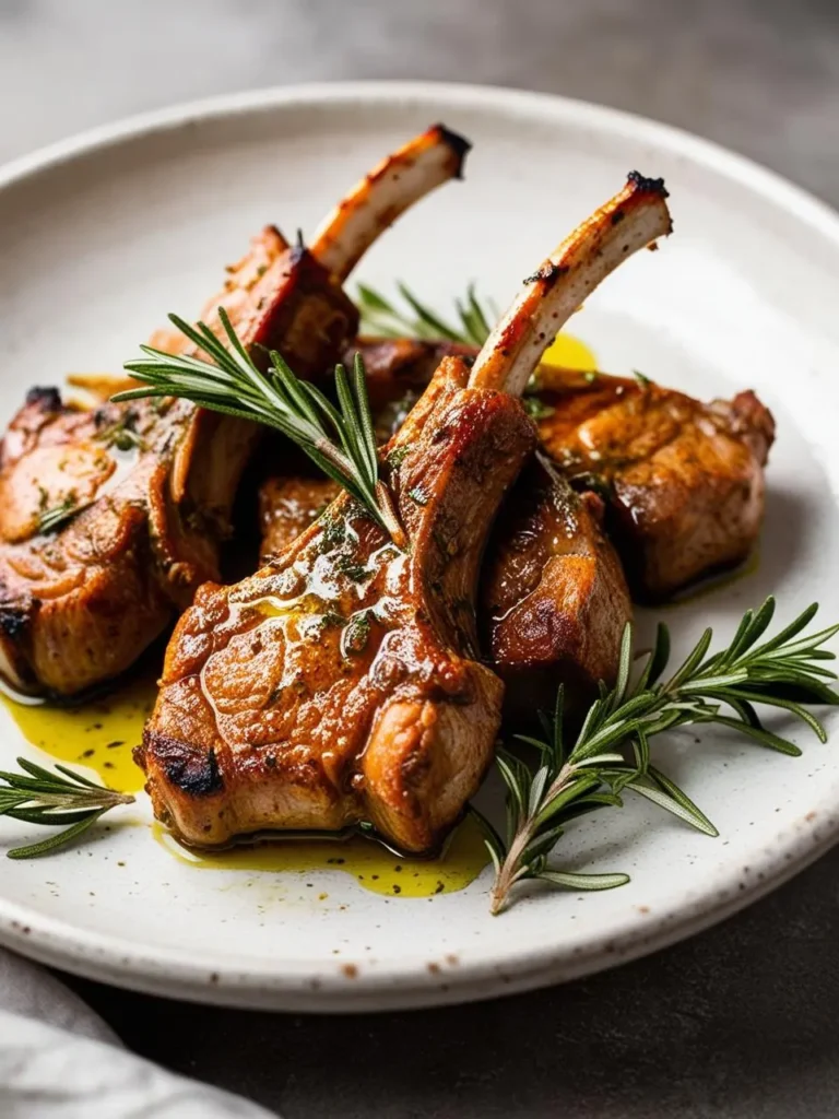 A plate of perfectly grilled lamb chops. The meat is golden brown and sizzling, with rosemary sprigs scattered around. The chops look tender and juicy, ready to be devoured.