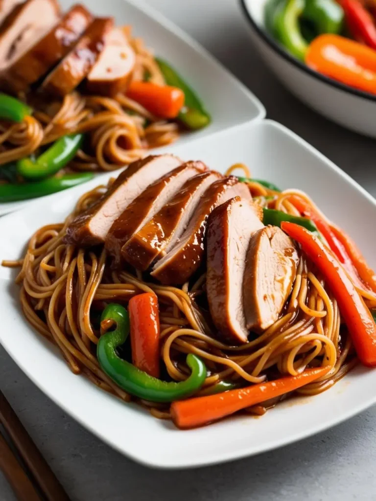 A plate of lo mein noodles stir-fried with chicken, vegetables, and a rich, savory sauce. The chicken is glazed with a sweet and sticky sauce and the dish looks incredibly flavorful and satisfying.