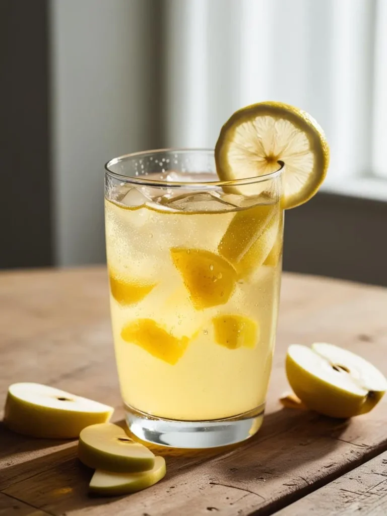 A tall glass filled with a refreshing, golden-hued drink. Ice cubes and lemon slices float within, while more lemon slices and apple wedges are scattered around the base of the glass on a wooden table. The drink looks perfect for a hot summer day.