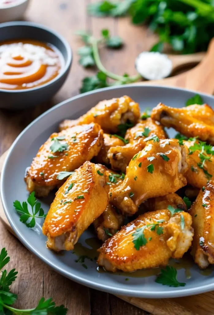 A plate of crispy, golden-brown chicken wings coated in a sweet and savory glaze. The wings are garnished with fresh parsley and served alongside a bowl of dipping sauce. The dish looks incredibly appetizing and perfect for a game day gathering.