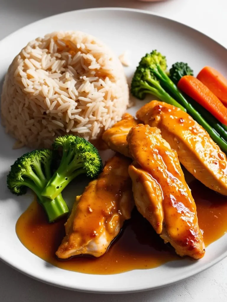 A plate of pan-fried chicken breast topped with a sweet and savory glaze. The chicken is served alongside a mound of fluffy white rice and a colorful medley of steamed vegetables, including broccoli and carrots.