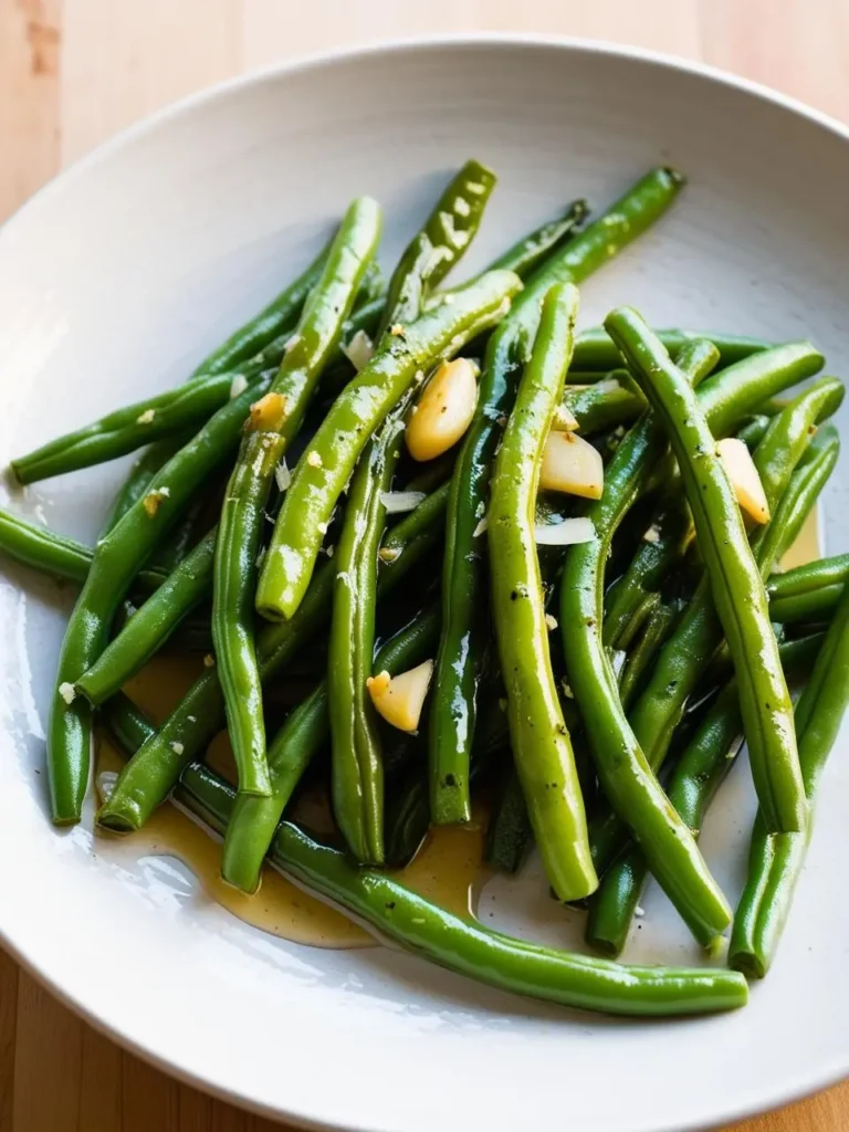 A plate of vibrant green beans sauteed with garlic and olive oil. The beans look crisp-tender and flavorful, with a few cloves of roasted garlic scattered throughout. It's a simple yet delicious side dish.