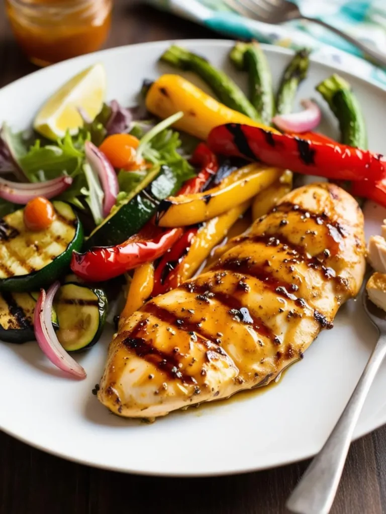 A plate of grilled chicken breast, glazed with a honey mustard sauce, served with a colorful array of grilled vegetables including asparagus, bell peppers, zucchini, and sliced onions. A small salad and a lemon wedge add a touch of freshness.