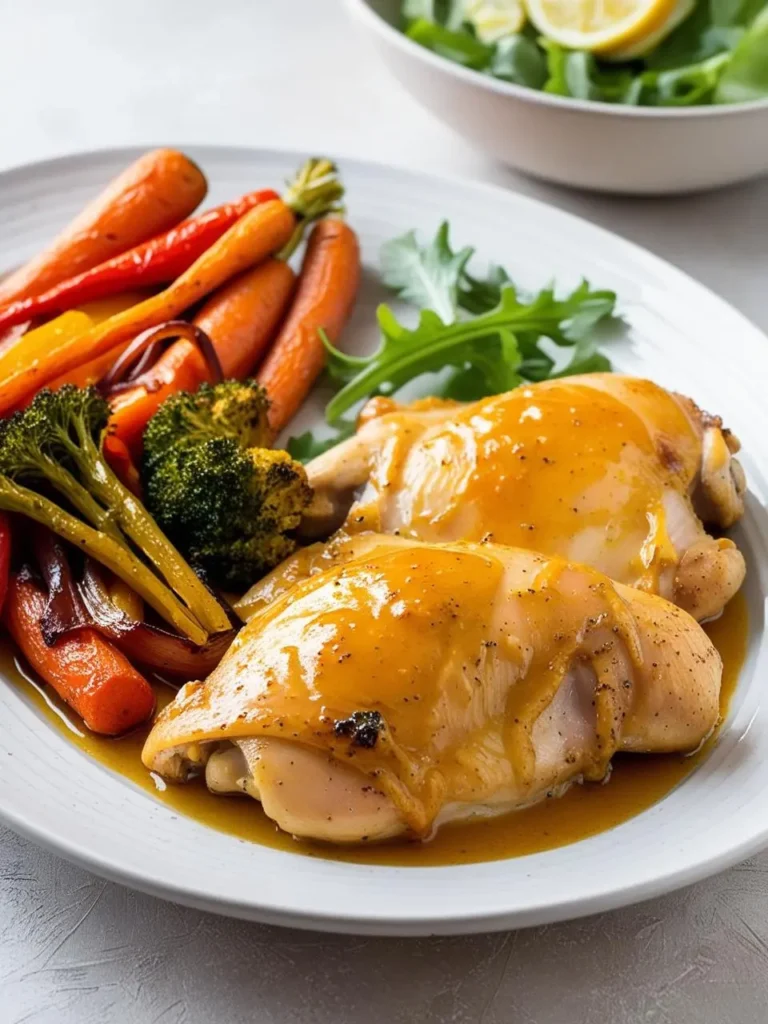 A plate of roasted chicken thighs glazed with a golden sauce, served alongside a medley of roasted vegetables like carrots, broccoli, and onions. A fresh salad and lemon wedges are visible in the background.