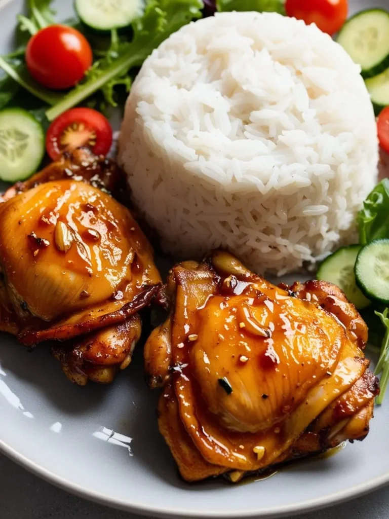 A plate of glazed chicken thighs served with a side of steamed rice and a fresh salad with cucumbers and cherry tomatoes.