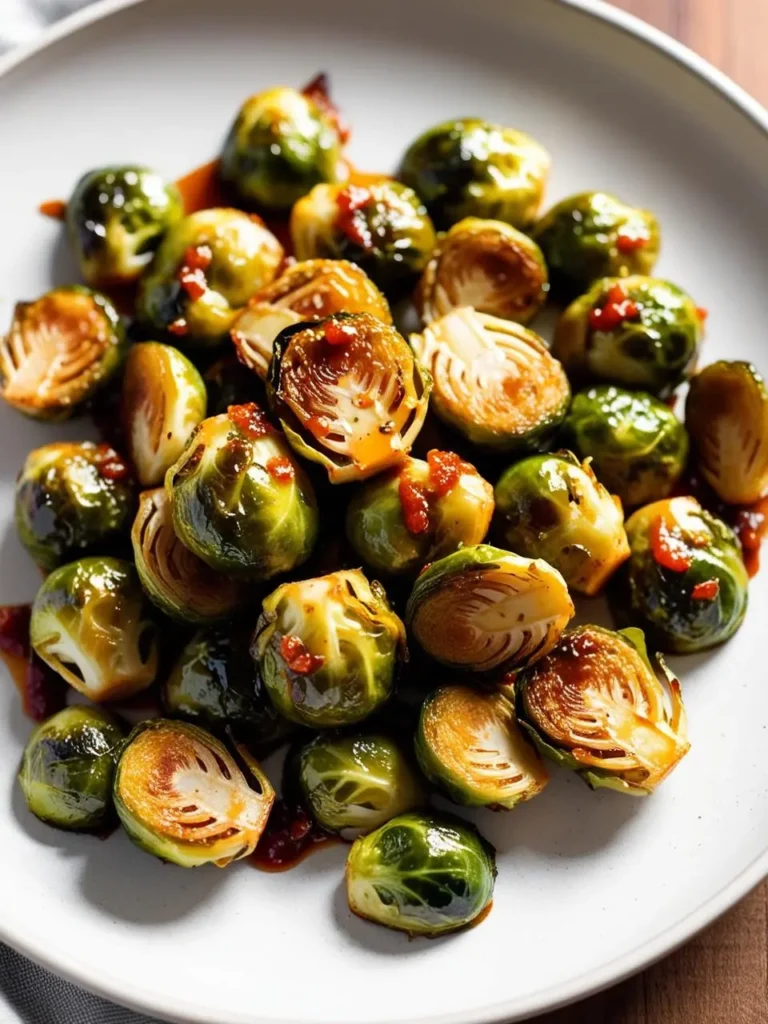 A plate of crispy Brussels sprouts coated in a vibrant red glaze, with a few whole sprouts visible.