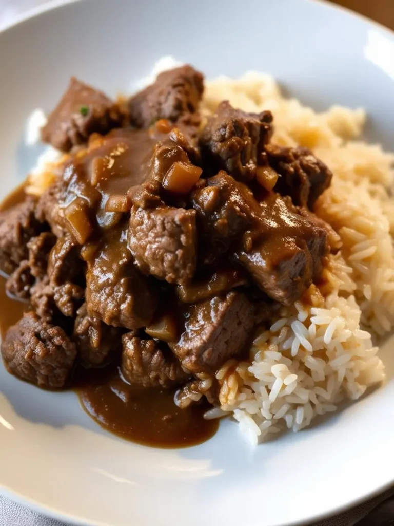 A plate of savory beef stew served over a bed of fluffy white rice. The stew has a rich, dark gravy and appears to be simmered with vegetables and herbs. The dish looks incredibly hearty and comforting.