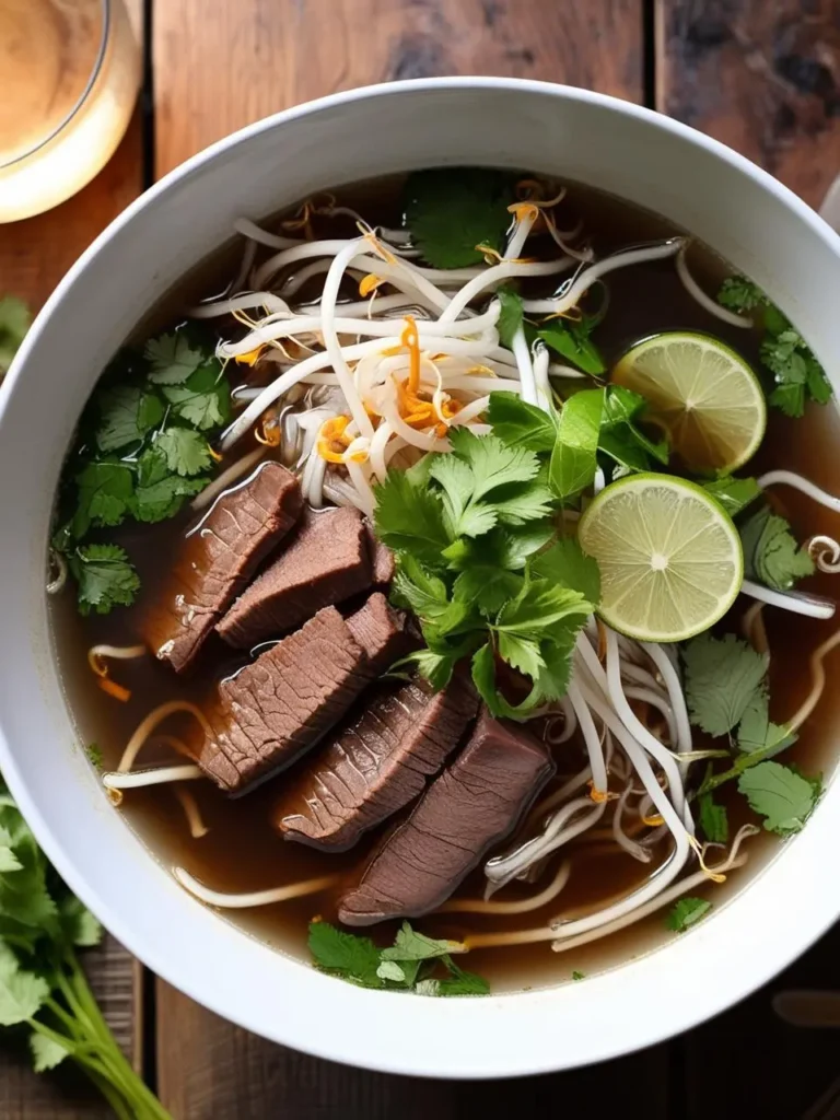 A steaming bowl of pho, a Vietnamese noodle soup. The broth is rich and flavorful, filled with tender beef slices, rice noodles, and fresh herbs like cilantro and basil. Sliced limes and bean sprouts are ready to be added for a burst of freshness.