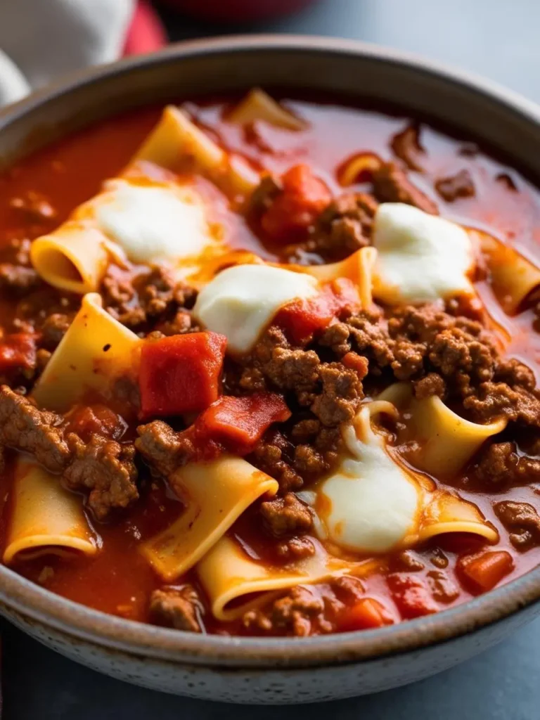 A bowl of hearty lasagna soup. Large pasta sheets are simmered in a rich tomato-based broth with ground beef and vegetables. The soup is topped with dollops of creamy ricotta cheese, adding a touch of richness and texture. It looks warm, comforting, and perfect for a chilly day.