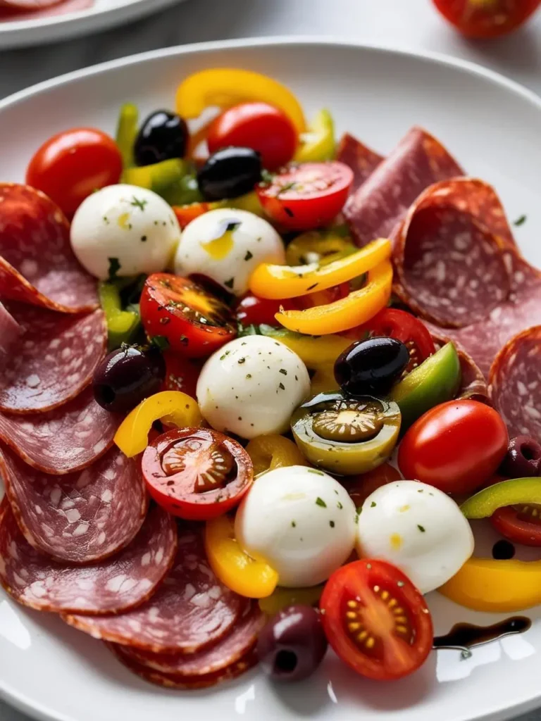 A colorful antipasto salad with sliced salami, cherry tomatoes, bell peppers, olives, and fresh mozzarella balls. The plate is drizzled with balsamic glaze.