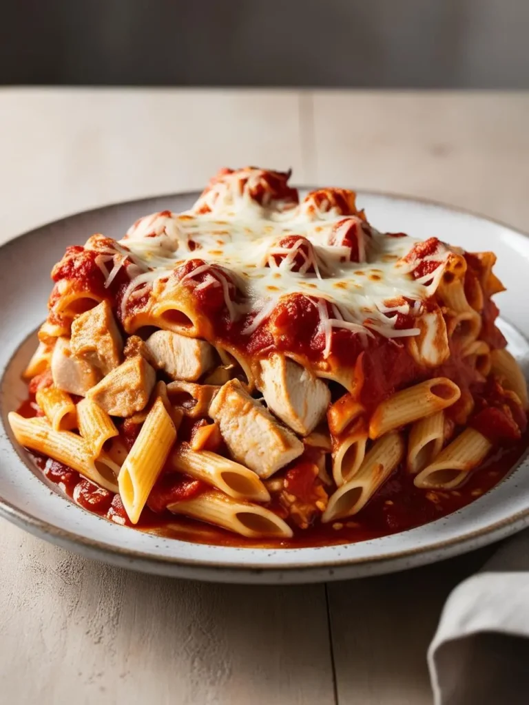 A plate of hearty chicken Parmesan casserole, layered with pasta, tomato sauce, and melted cheese.