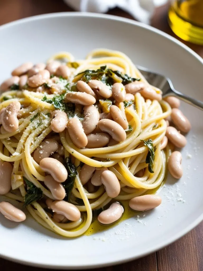 A plate of spaghetti with white beans and wilted greens. The pasta is tossed with a light sauce and sprinkled with cheese. The dish looks simple, fresh, and full of flavor.