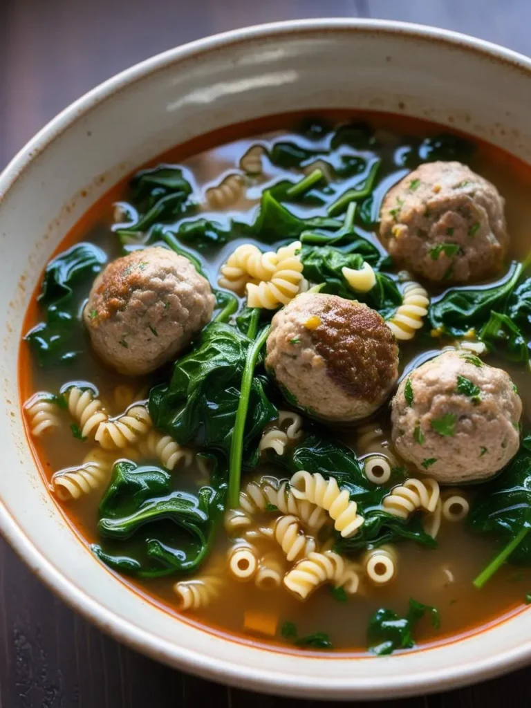 A bowl of Italian wedding soup. The soup features tender meatballs, small pasta shapes like ditalini, and a generous amount of fresh spinach. The broth looks flavorful and comforting.