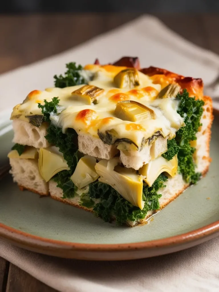 A slice of hearty and cheesy vegetable bread casserole. It's layered with kale, artichoke hearts, and melted cheese, making it a visually appealing and likely delicious vegetarian dish.