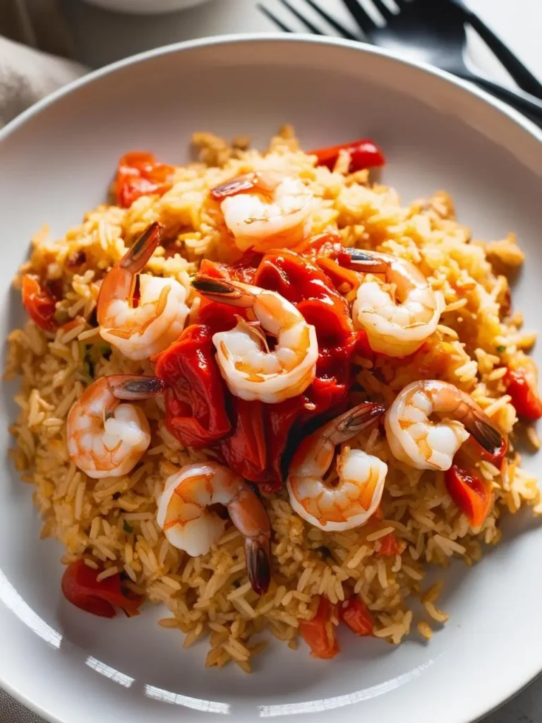 A plate of flavorful shrimp fried rice. The rice is cooked with vegetables like bell peppers and onions, and seasoned with savory spices.  Juicy shrimp are scattered throughout the dish, adding a touch of seafood flavor and visual appeal. The fried rice looks incredibly appetizing and perfect for a quick and satisfying meal.