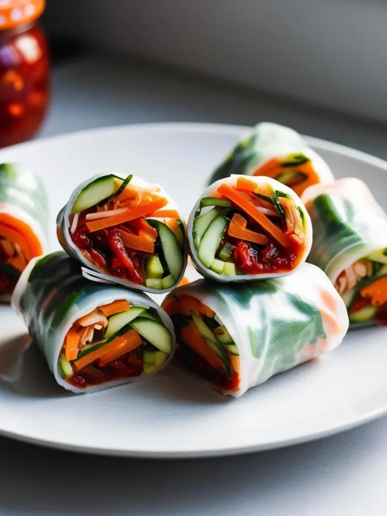 A plate of colorful spring rolls. The rolls are filled with fresh vegetables like carrots, cucumbers, and what looks like sun-dried tomatoes. They are wrapped in translucent rice paper and look light and refreshing.