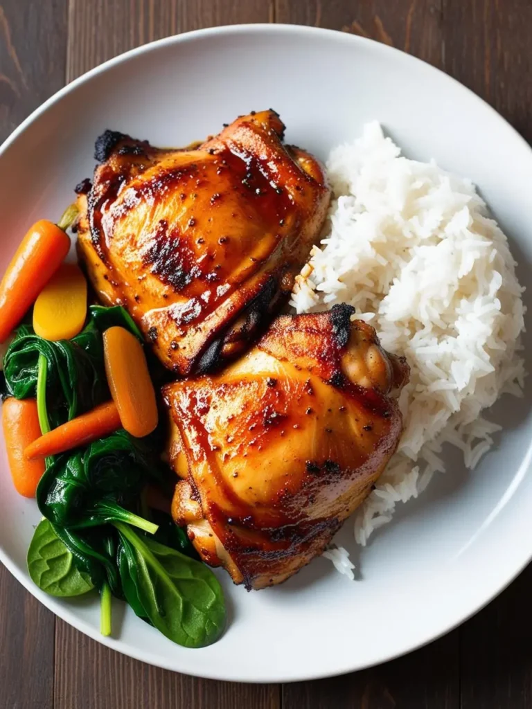 A plate of glazed chicken thighs with a side of steamed rice and a colorful medley of roasted vegetables.