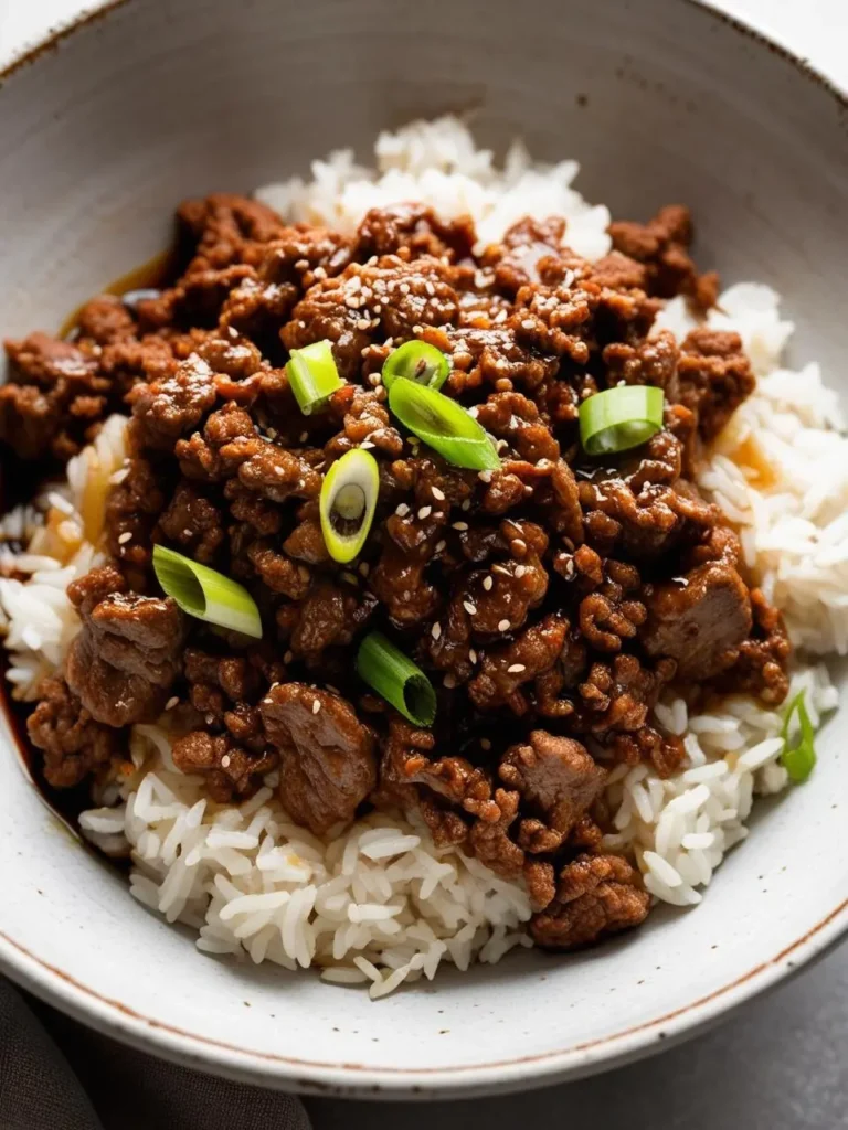 A bowl of savory ground beef stir-fry served over a bed of fluffy white rice. The stir-fry is rich with vegetables like carrots and spinach, and garnished with sesame seeds and green onions. The dish looks incredibly flavorful and perfect for a quick and satisfying meal.