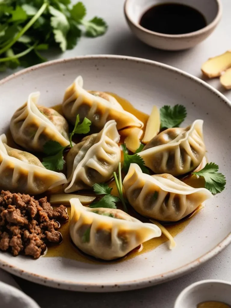 a plate of steamed dumplings with cilantro, ginger, and a dipping sauce.