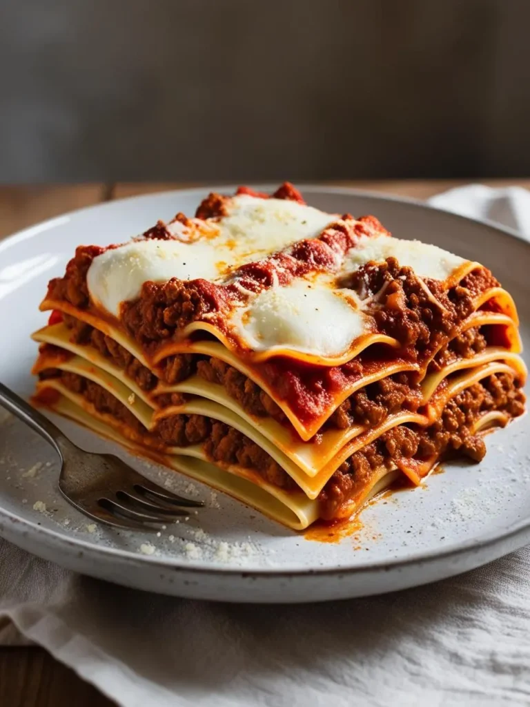 A plate of classic lasagna, with layers of pasta, meat sauce, and melted cheese. The lasagna is golden-brown and bubbling, with a fork nearby ready to dig in. The dish looks incredibly rich and satisfying.