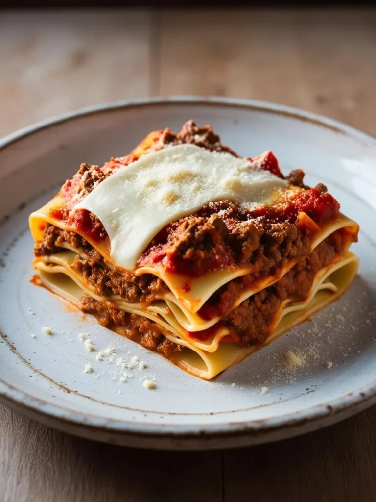 A plate of classic lasagna. Layers of pasta, meat sauce, and cheese are baked to perfection, creating a warm and comforting dish. The lasagna is sprinkled with grated Parmesan cheese, adding a touch of richness.