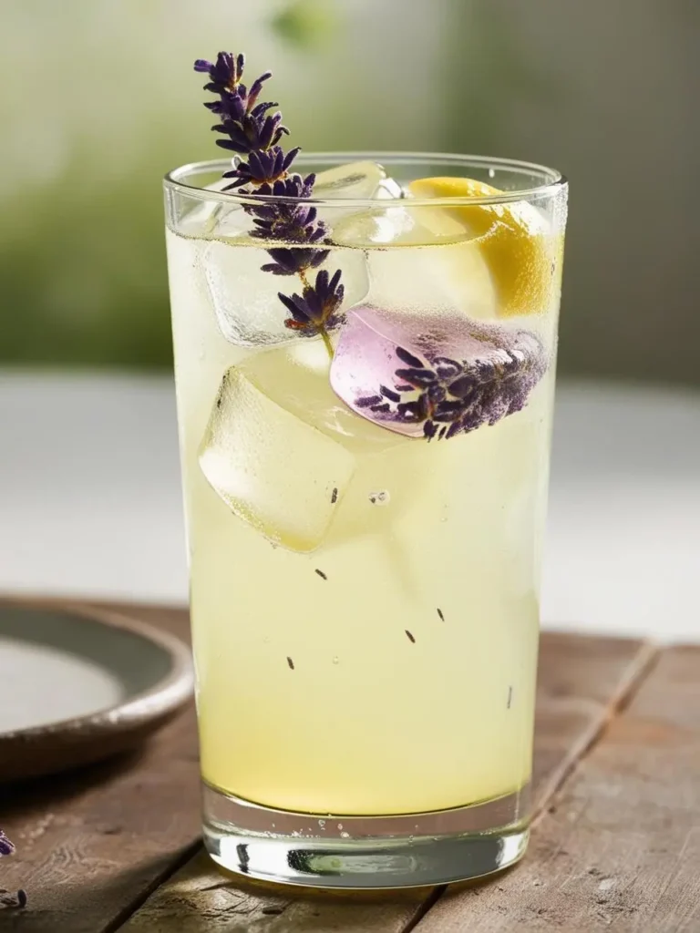 A tall glass filled with a refreshing lemonade, garnished with a sprig of lavender and a lemon slice. Ice cubes float in the drink, and the glass is resting on a wooden table. The image evokes a sense of summer refreshment and natural sweetness.