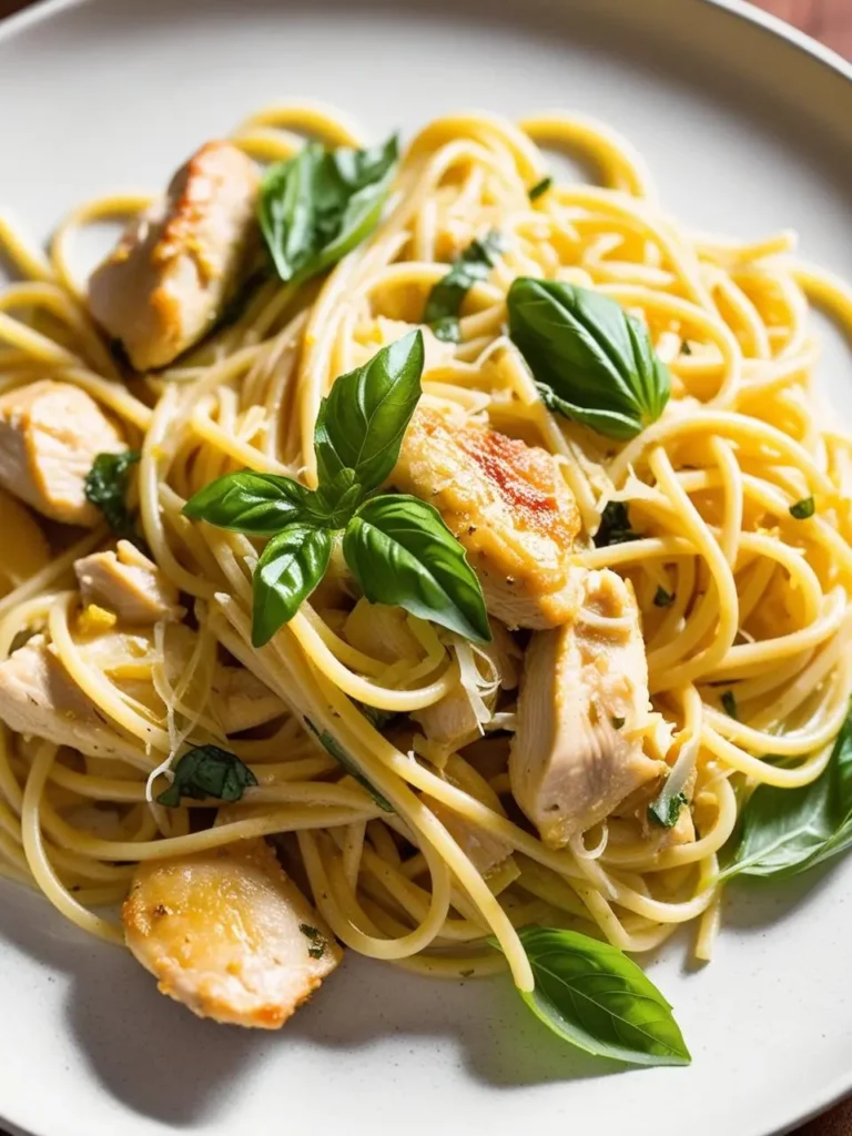 A plate of spaghetti pasta tossed with pieces of tender chicken, fresh basil leaves, and a creamy lemon sauce. The dish looks light, flavorful, and perfect for a summer meal.