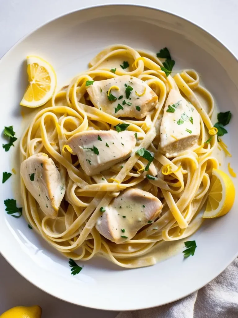 A plate of fettuccine pasta with tender chicken, coated in a creamy lemon sauce. The dish is garnished with fresh parsley and lemon slices. It looks light, flavorful, and perfect for a summer meal.