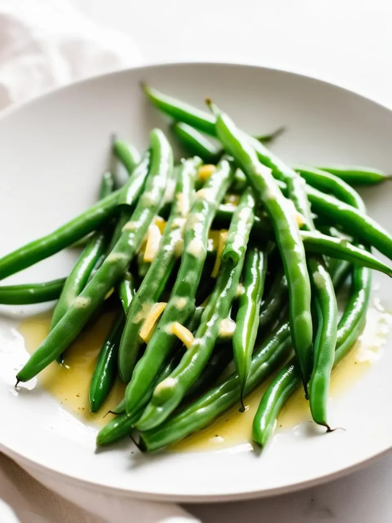 A plate of steamed green beans drizzled with melted butter and a squeeze of lemon juice. The beans look bright green and vibrant, making them a healthy and visually appealing side dish.