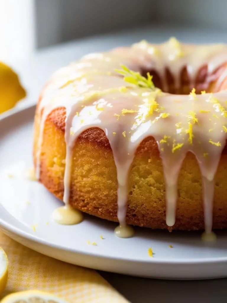 A golden-brown lemon cake sits on a white plate. It's topped with a drizzle of lemon glaze and sprinkled with lemon zest. Fresh lemons and a yellow napkin are in the background.