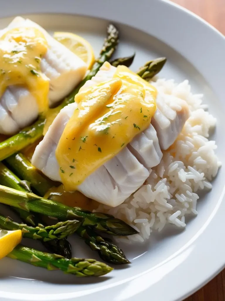 A plate of white fish fillets topped with a creamy, yellow sauce. The fish is served alongside a bed of steamed asparagus and a mound of fluffy white rice. Lemon wedges and parsley add a touch of freshness to the dish. It looks like a light and delicious meal.