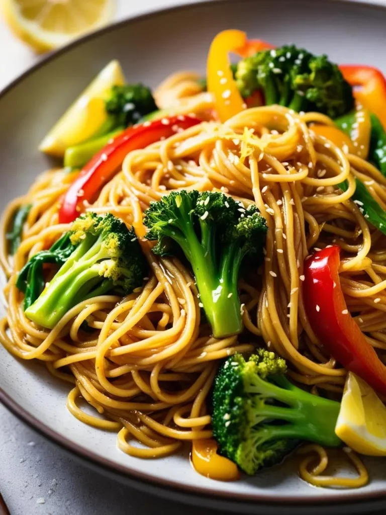 A plate of vegetable lo mein with colorful bell peppers, broccoli florets, and a sprinkling of sesame seeds. The noodles are coated in a rich, savory sauce, and the dish looks incredibly flavorful and satisfying.