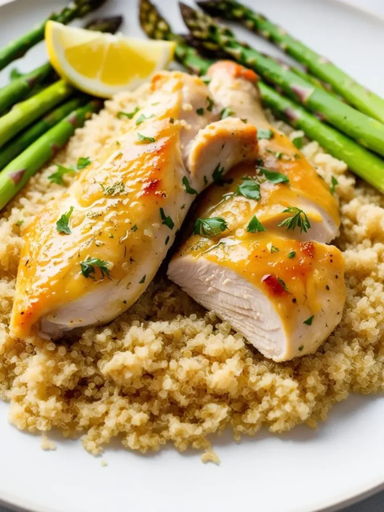 A plate of pan-seared chicken breasts, golden brown and glistening with a lemon-herb sauce. The chicken is served atop a bed of fluffy quinoa and accompanied by a side of steamed asparagus. The dish looks light, healthy, and flavorful.