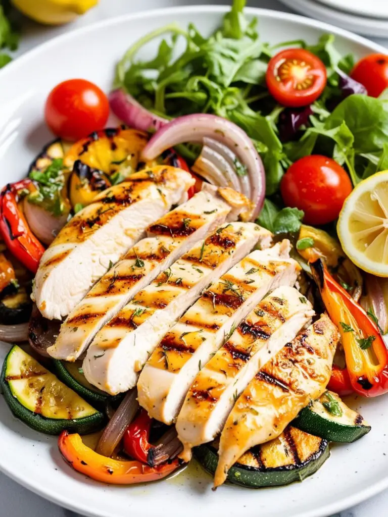 A plate of grilled chicken breast slices served alongside a colorful medley of grilled vegetables, including zucchini, red and yellow peppers, and onions. Fresh arugula and cherry tomatoes add a vibrant touch to the dish.