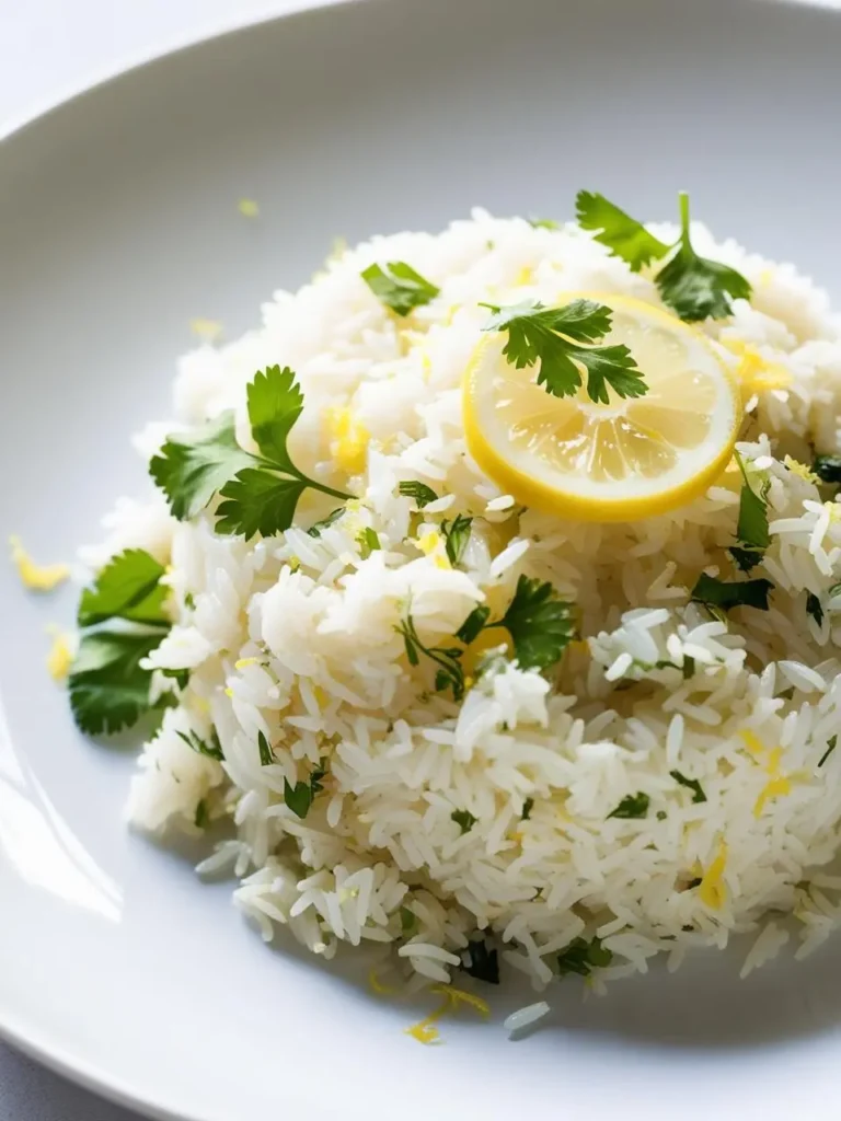 A plate of fluffy white rice garnished with fresh cilantro and a lemon slice. The rice looks light and airy, with a hint of citrus flavor. It's a simple yet elegant side dish that would complement any meal.