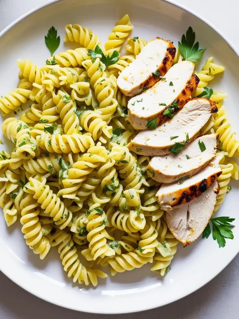 A plate of rotini pasta with a creamy sauce and grilled chicken. The pasta is tossed with a vibrant green sauce, likely pesto or a similar herb-based sauce. The chicken is sliced and placed on top, adding a protein element to the dish. It looks like a delicious and satisfying meal.