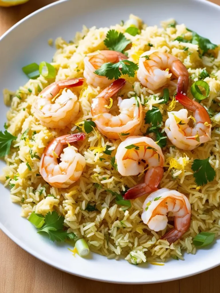 A plate of vibrant lemon shrimp rice. The rice is infused with lemon flavor and garnished with fresh cilantro and green onions. Juicy shrimp are scattered throughout the dish, adding a touch of seafood flavor and visual appeal. The fried rice looks incredibly appetizing and perfect for a light and flavorful meal.