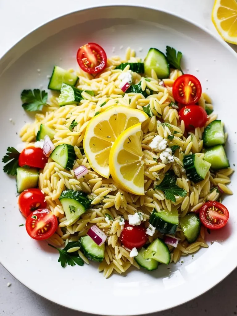 A refreshing orzo salad with cucumbers, cherry tomatoes, feta cheese, and lemon wedges, drizzled with a lemon vinaigrette. It looks light, healthy, and perfect for a summer meal.