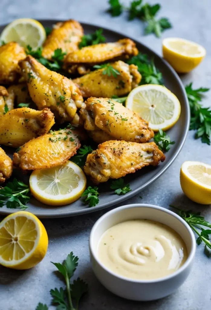 A plate of crispy, golden-brown lemon pepper chicken wings, garnished with lemon slices and fresh parsley. A bowl of creamy dipping sauce is placed beside the plate, along with additional lemon slices and parsley sprigs. The dish looks incredibly appetizing and perfect for a light and flavorful meal.