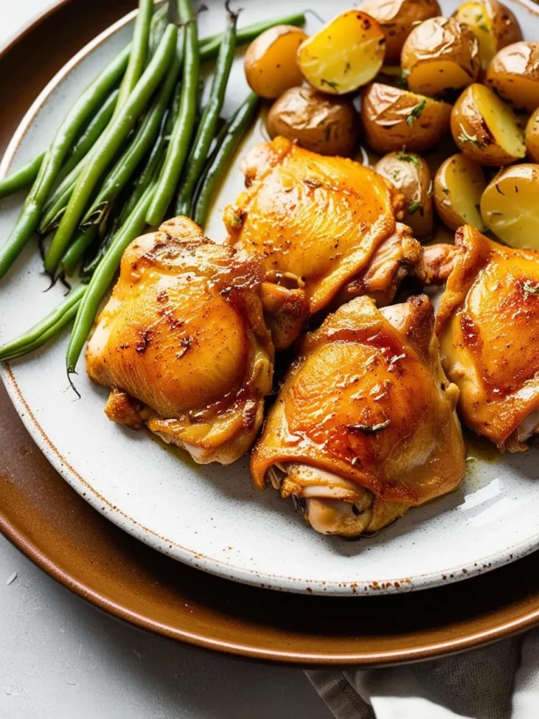 A plate of golden-brown roasted chicken thighs served with a side of roasted potatoes and green beans.