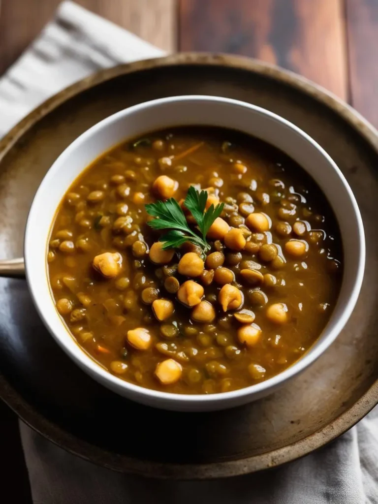 A bowl of hearty lentil soup with chickpeas. The soup has a rich, golden-brown color and is garnished with fresh parsley. It looks warm, comforting, and full of flavor.